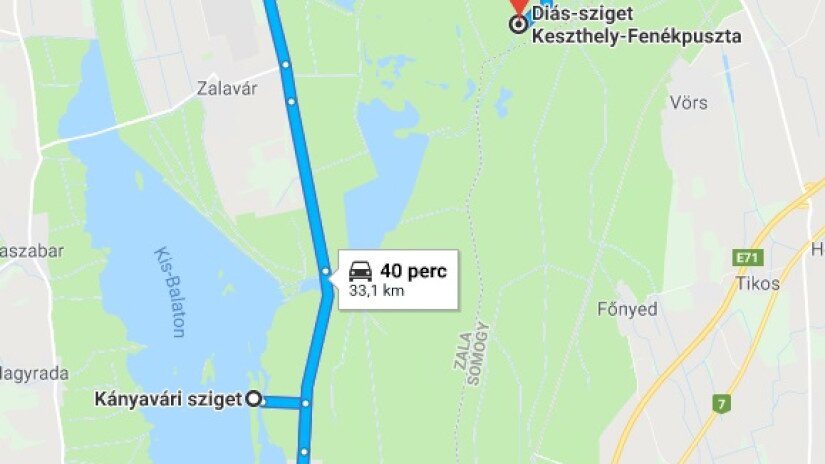 Diás-sziget, Kányavári-sziget, Kápolnapuszta távolság