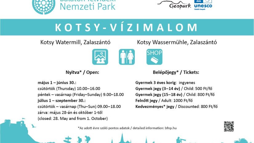 Kotsy-vízimalom 2023. évi nyitvatartása és belépőjegy árai